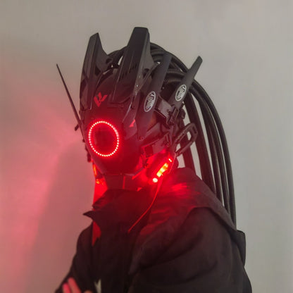 LED Punk Mask with Tubular Braids & Helmet – Futuristic Sci-Fi Mechanical Cosplay Mask for Halloween, Rave Music Festival & Party, Blue Green Pink, Handmade TPU PC Unisex Adult Costume Prop