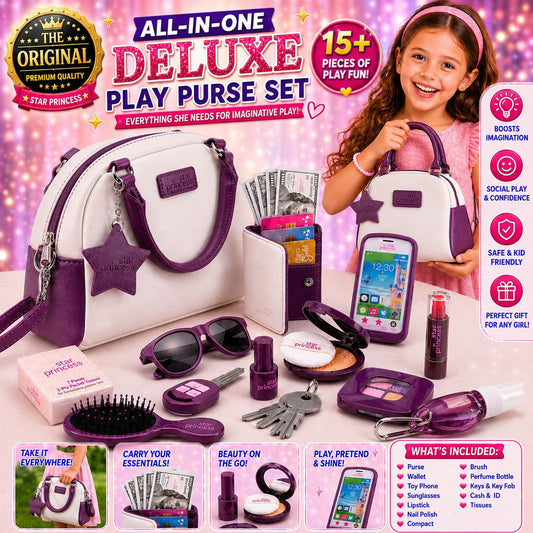 Girls Pretend Play Purse Set with Toy Phone, Makeup, Wallet, Keys and Credit Cards – Role Play Accessories for Girls Ages 3 to 8