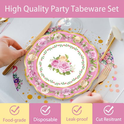 Floral Paper Plates 48 Pack – Disposable Tableware for Tea Parties, Birthday, Bridal Shower, Engagement, Wedding & Baptism Celebrations