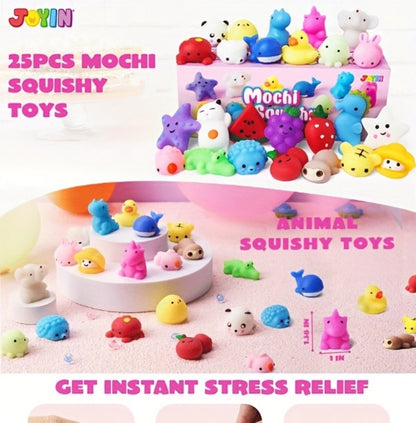 Mini Mochi Squishies 25 Pack – Assorted Animals & Fruit Squishy Toys for Kids Party Favors, Easter Eggs, Goodie Bags, Classroom Prizes & Birthday Gifts