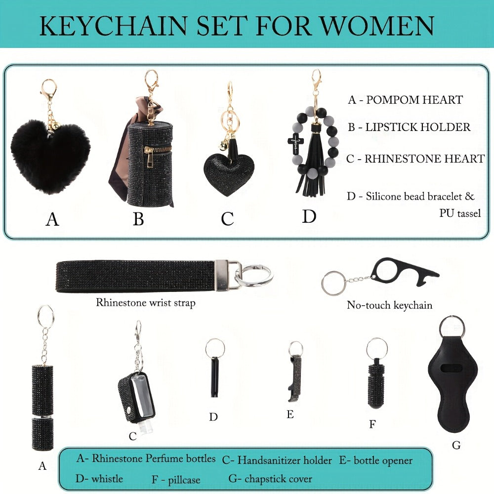 Women's Rhinestone Keychain Set 13-Piece – Safety Gadgets with Window Breaker Whistle Hand Sanitizer Holder Perfume Bottle Beaded Bracelet PU Tassel, Holiday Gift Box for Women