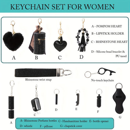 Women's Rhinestone Keychain Set 13-Piece – Safety Gadgets with Window Breaker Whistle Hand Sanitizer Holder Perfume Bottle Beaded Bracelet PU Tassel, Holiday Gift Box for Women