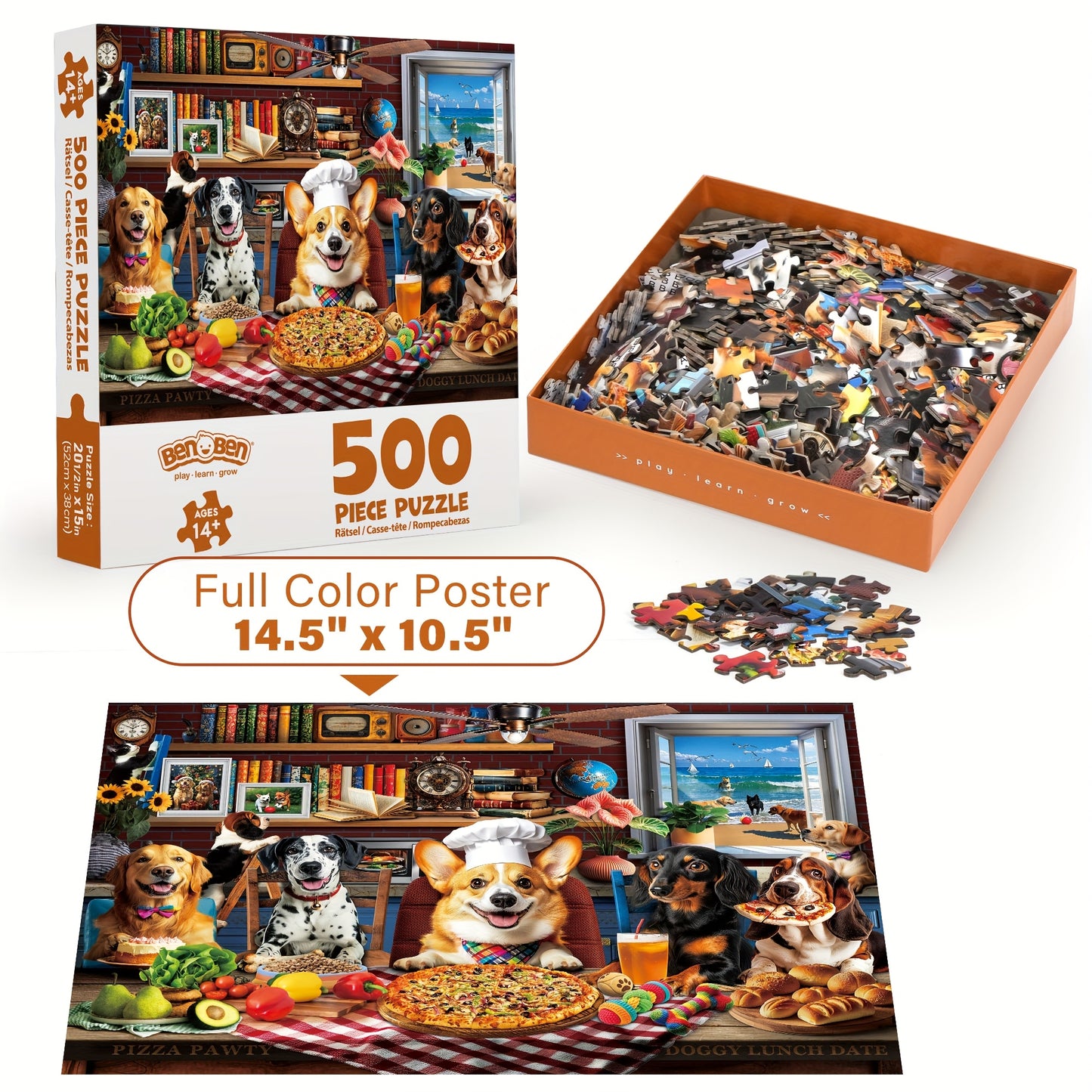 500PCS/1000PCS Dog Jigsaw Puzzles for Adults, Dogs' Dinner Party with Letters On Back, Funny Animal Puzzle, Relax Challenging Puzzles for Family Game Night, Home Wall Decoration Office Decor Men Women Birthday Gifts Thanksgiving Christmas Gift