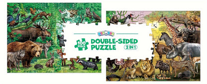 Double Sided Puzzle for Kids 100 Pieces Jungle Animals – 2-in-1 Jigsaw Educational Toy for Boys & Girls Ages 3 4 5 6 7 8, Fun Learning Activity, Birthday Christmas Thanksgiving Easter Gift