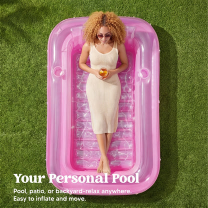 Inflatable Tanning Pool Float Pink White 4-in-1 Suntan Tub Raft for Women – Large 70"x46" Sunbathing Lounger with Pillow, Ball Pit & Pool Party Lounge, Stylish Floating Relaxation Bed