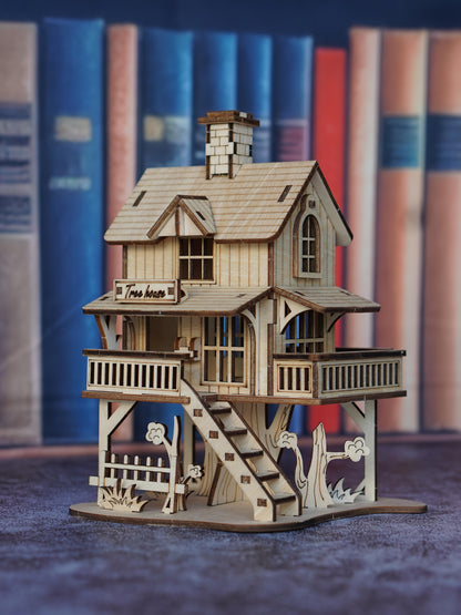 Rustic Wooden Forest Cabin Puzzle Model, 3D DIY Building Kit, Creative Treehouse Architecture Set, Wooden Interlocking Blocks, Yellow - Craft Model for Home Decor