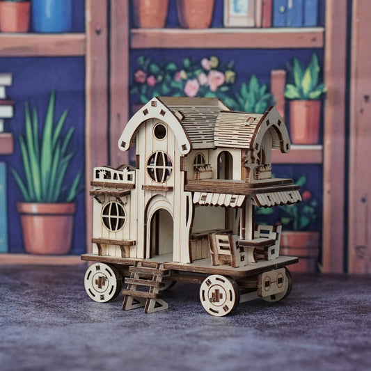 A 3D Wooden Puzzle of a Villa, Featuring a Mobile House on Wheels, Designed As a Model of a Wooden Café Bar. These Handcrafted Wooden Assembly Blocks Make an Ideal Gift for Loved Ones