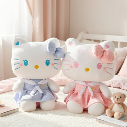 Hello Kitty Oversized Plush Stuffed Toy 13.78 Inch — Sanrio Licensed Dress-Up KT Cat Soft Doll, Kawaii Home Decor & Cuddle Pillow, Birthday Gift for Girls Teens Pink Blue Plaid