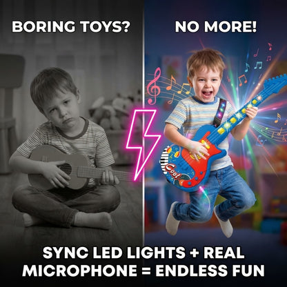 Kids Electric Guitar Toy with Microphone, Musical Instrument Toy with Light And Sound, Guitar for Toddlers 3-8, Birthday Gift for Boys Girls