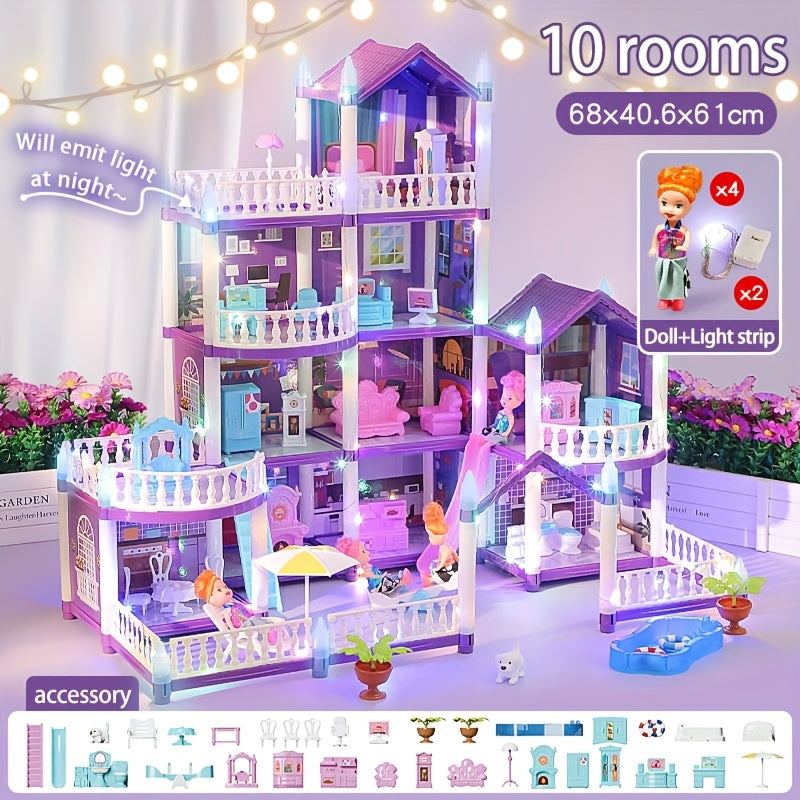 LED Dollhouse Playset for Girls – Purple Multi-Room Playhouse with Doll Figures, Puppies, Furniture & LED Lighting, 6 to 16 Room Options, Creative Imaginative Gift for Girls Ages 3-10 Birthday Christmas