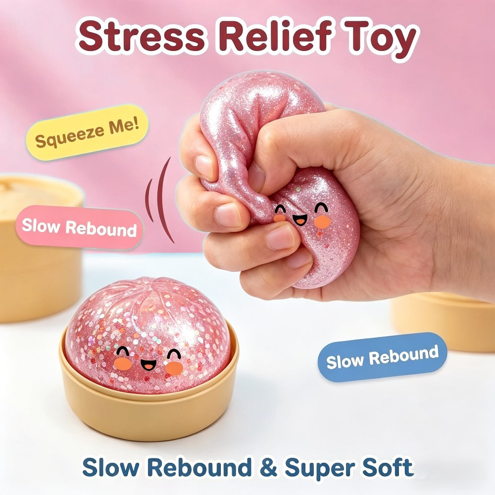 Glitter Dumpling Squishy Stress Ball 3 Pack with Steamer Box – 2026 Upgrade Stretchy Fidget Sensory Toy, Colorful Squishies for Kids & Adults, Party Favors & Stocking Stuffers, Random Colors