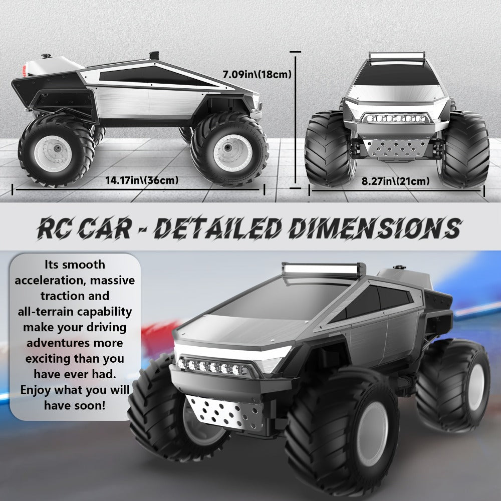 RC Monster Truck 1:12 Scale 4WD 2.4GHz All-Terrain Remote Control Car with LED Lights Sound Effects – Cybertruck & Pickup Truck Boys Gift Kids