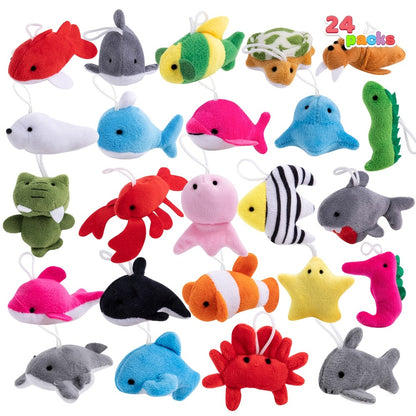 24pcs Mini Sea Animal Plush Toys Bulk Set – Stuffed Ocean Animal Keychains for Party Favors, Pinata Fillers, Goodie Bag Stuffers, Easter Basket, Classroom Prizes, Birthday Christmas Gifts for Kids