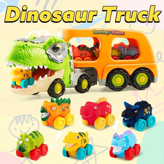 Dinosaur Truck Toy for Kids | Dinosaur Car Carrier Truck with 6 Rubber Car Vehicles, Perfect Christmas Birthday Gifts with Music & Lights for Boys and Girls, Battery Powered, Non-rechargeable Button Battery, Realistic Sound, Mixed Color