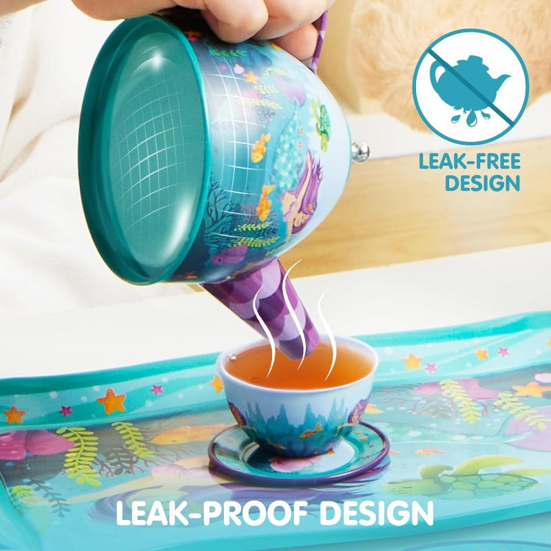 Mermaid Tea Party Set for Little Girls, Pretend Tin Teapot Toy with Cups, Plates Carrying Case, Princess Tea Time Play Kitchen Kit, Perfect Christmas&Birthday Gifts for Kids Age 3+