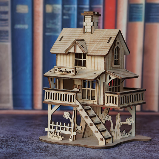 Rustic Wooden Forest Cabin Puzzle Model, 3D DIY Building Kit, Creative Treehouse Architecture Set, Wooden Interlocking Blocks, Yellow - Craft Model for Home Decor