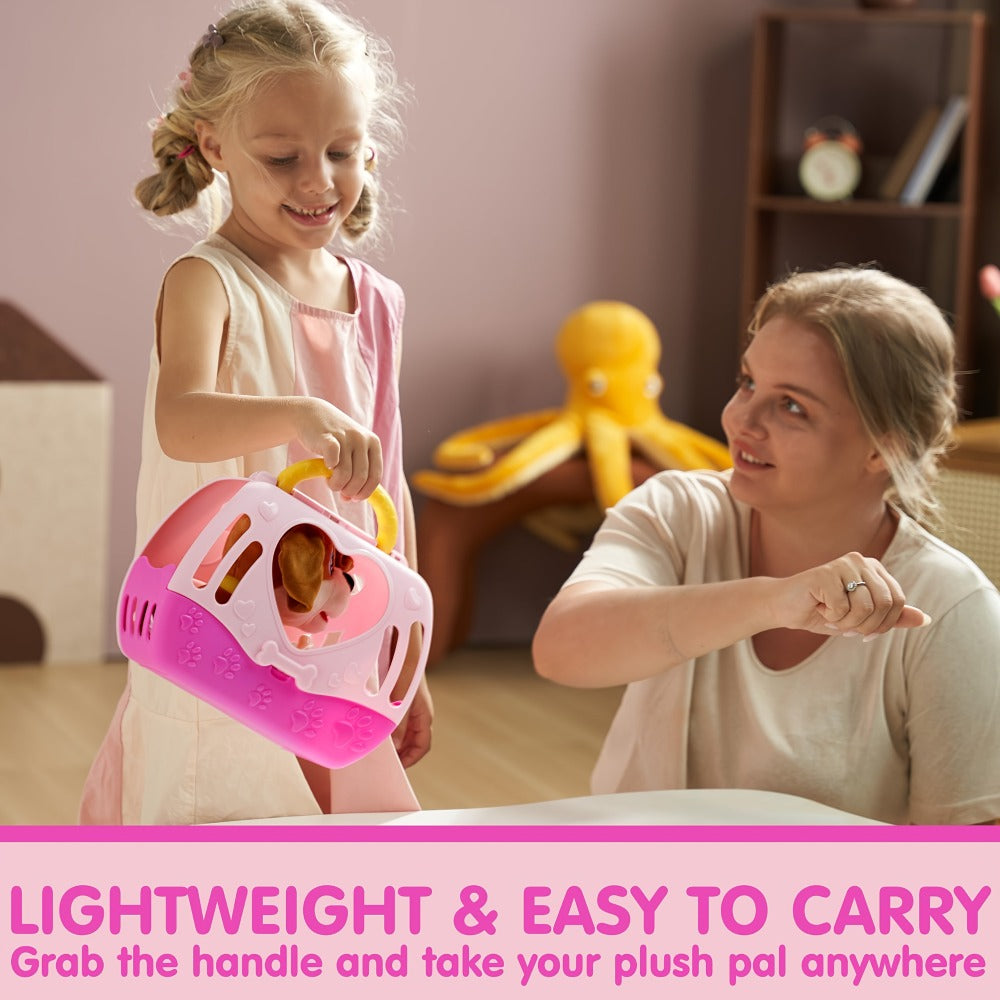 Interactive Plush Dog Toy for Toddlers with Carrier Set Music Lights Sounds Soft Breathing Glow Puppy Pet Toy with Accessories Birthday Gift for Girls 18 Months 2 3 Year Old