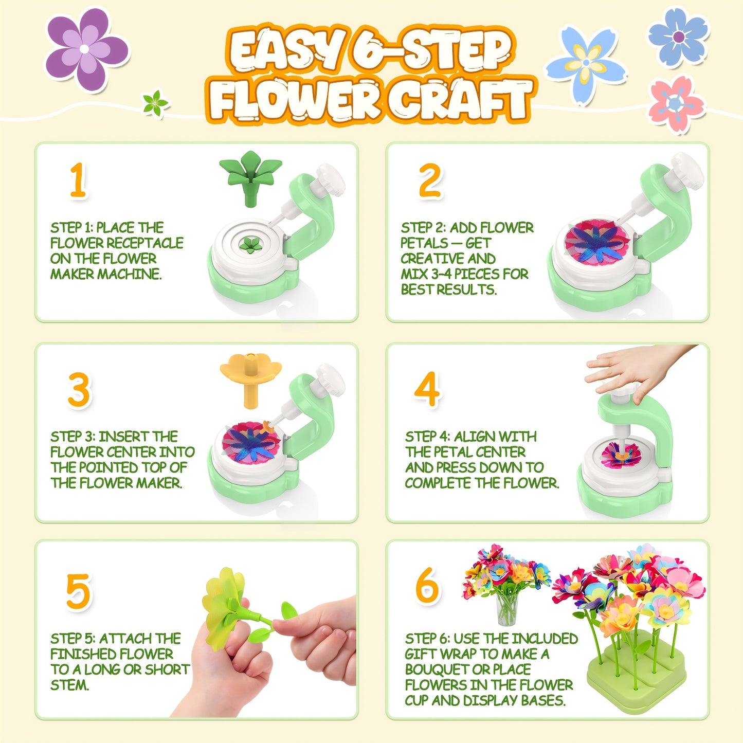 Art Flower Bouquet Craft Kit, Arts And Crafts Flower Toy for Kids, Build Your Own Bouquet, Creative Educational Gift for Toddlers Kids, Christmas Birthday Gift for 3+ Year Old Girls And Boys