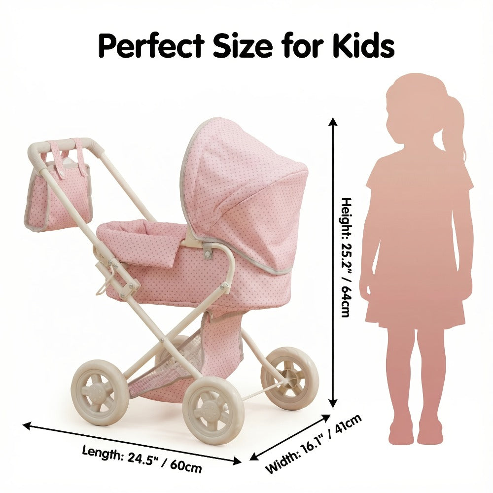 3-in-1 Baby Doll Stroller Set Pink – Foldable Pram with Removable Bassinet & Carry Bag for 14-24 Inch Dolls, Swivel Wheels Adjustable Handle, Role Play Nursery Gift for Girls Ages 3-12