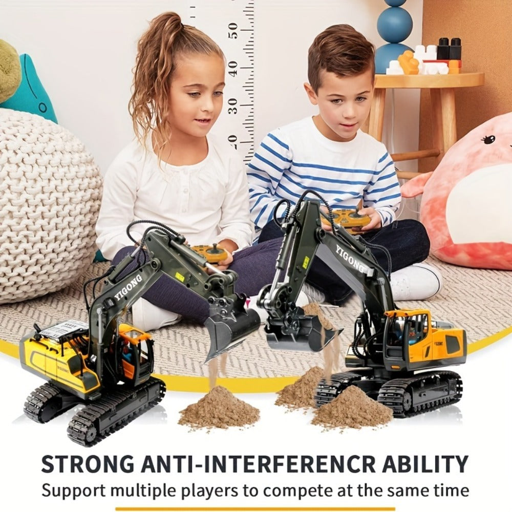 RC Excavator Toy Set for Kids – Remote Control Construction Vehicles with Metal Shovel, LED Lights & 1200mAh Battery, Boys Gift Ages 6+