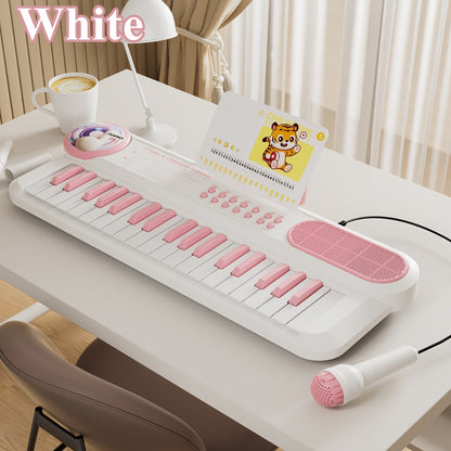 Kids Electronic Keyboard Piano Toy 37-Key White, Multi-Function Beginner Musical Instrument with Microphone, Demo Songs, Rhythms & Lights for Boys Girls Age 3+, USB or AA Battery