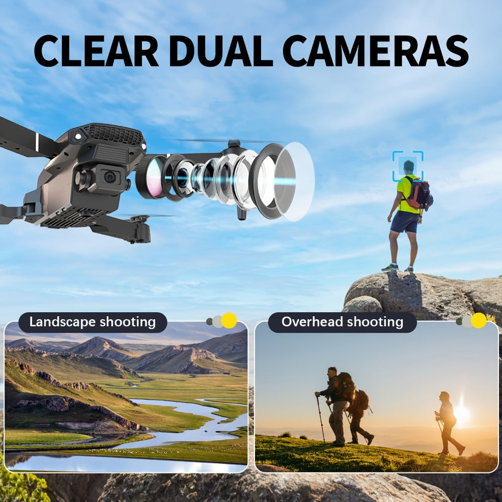 E88 Dual Camera Drone with 360° Stunt Flip & Surround Flight – Optical Flow Positioning, Intelligent Height Hold, Foldable Portable Body, 500mAh Battery, Indoor Outdoor RC Quadcopter for Adventure