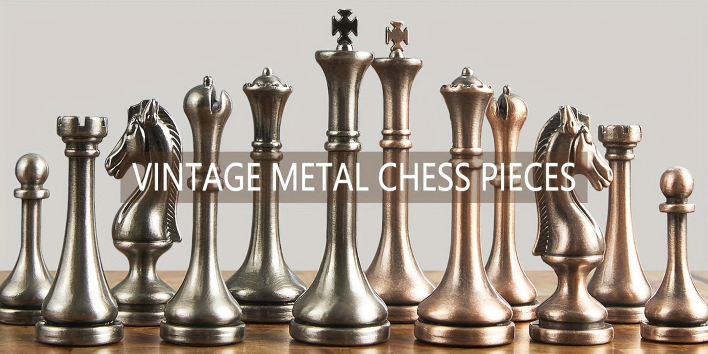 Wooden Chess Set with Metal Pieces & Storage Drawers 12 Inch – 2.5" Kings 2 Extra Queens Vintage Mahogany Board for Adults Beginners, Premium Strategy Game Gift