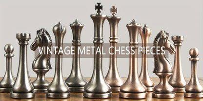 Wooden Chess Set with Metal Pieces & Storage Drawers 12 Inch – 2.5" Kings 2 Extra Queens Vintage Mahogany Board for Adults Beginners, Premium Strategy Game Gift