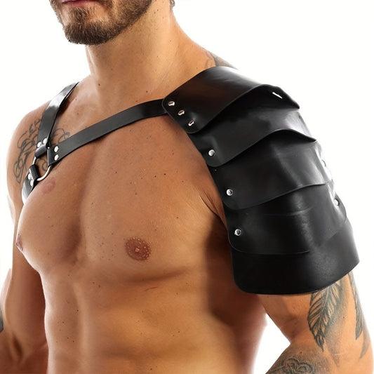 PU Leather Shoulder Armor Warrior Costume Prop with Belt for Men, Single Pauldron Medieval Knight Armor Dress Up Accessory for Halloween Cosplay LARP Renaissance Faire, Black