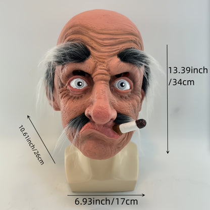 Realistic Smoking Elderly for Man Mask with Long Beard - Halloween Costume, Full Head & Facial Hair, for Cosplay, Theater, Pranks - Funny Grandpa Disguise for Adults - Costume Party Prop, Theatrical Accessory, Funky Style, Detailed Craftsmanship