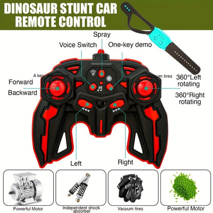 RC Monster Truck Dinosaur 2.4GHz 4WD Off-Road Remote Control Car with LED Lights Music Large Tires All-Terrain Stunt Vehicle Gift for Boys Girls Kids Ages 6+