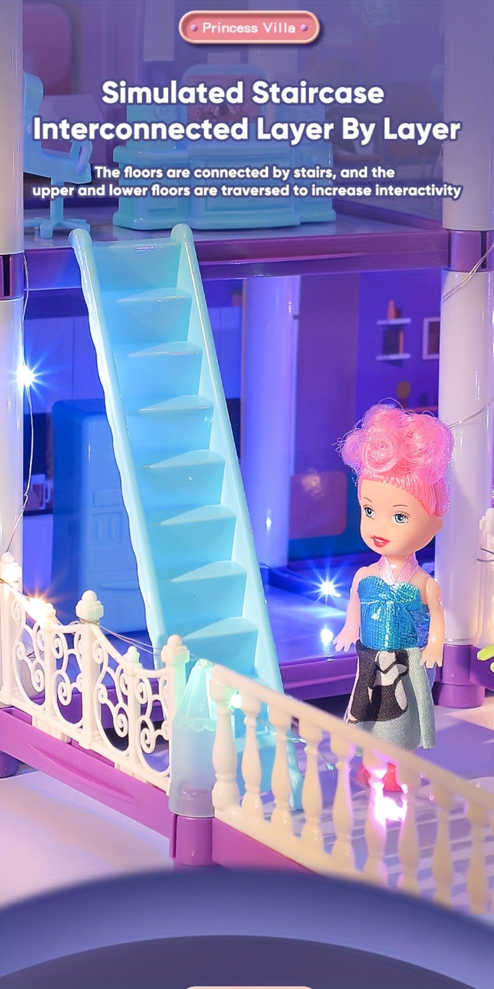 LED Dollhouse Playset for Girls – Purple Multi-Room Playhouse with Doll Figures, Puppies, Furniture & LED Lighting, 6 to 16 Room Options, Creative Imaginative Gift for Girls Ages 3-10 Birthday Christmas