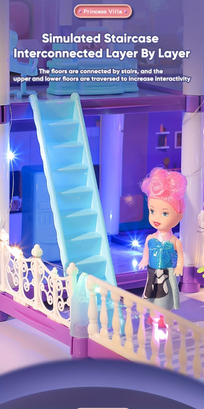 LED Dollhouse Playset for Girls – Purple Multi-Room Playhouse with Doll Figures, Puppies, Furniture & LED Lighting, 6 to 16 Room Options, Creative Imaginative Gift for Girls Ages 3-10 Birthday Christmas