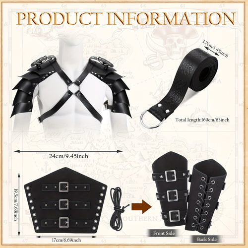 Unisex 4pcs/Set Halloween Adults PU Leather Double Shoulder Cover Cape, Faux Leather Arm Guards Medieval Knight Belt for Cosplays Men&Adult