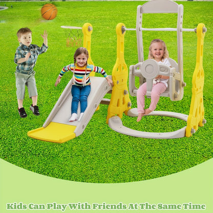 4-in-1 Toddler Slide and Swing Set with Climber Basketball Hoop Outdoor Indoor Backyard Playground Playset for Kids Ages 1-6 Yellow