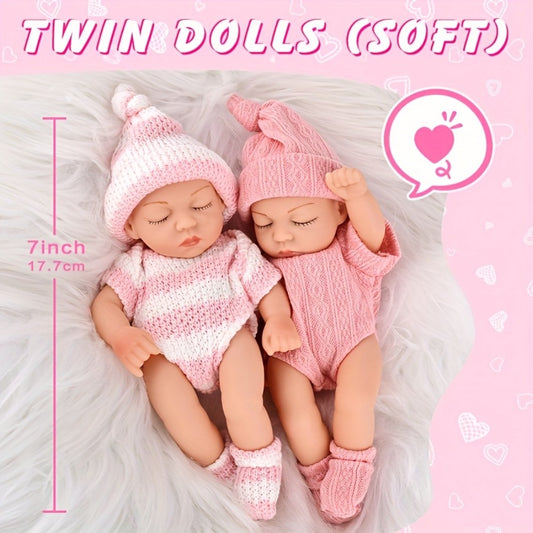 Twin Baby Doll Set 2 Pcs 7 Inch Simulated Reborn Newborn Dolls – Adorable Lifelike Mini Twin Dolls Included, Cute Holiday Birthday Gift for Kids Girls Ages 3+