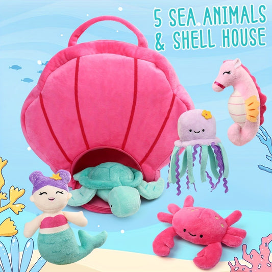 BenBen Ocean Stuffed Animal, 5PCS Small Sea Creature Plush Toys, Shell Carrying Bag Set, Cute Plushies for Baby Kids, Sea Turtle, Octopus, Mermaid, Seahorse, Crab, Girls Birthday Gifts, Christmas Gift