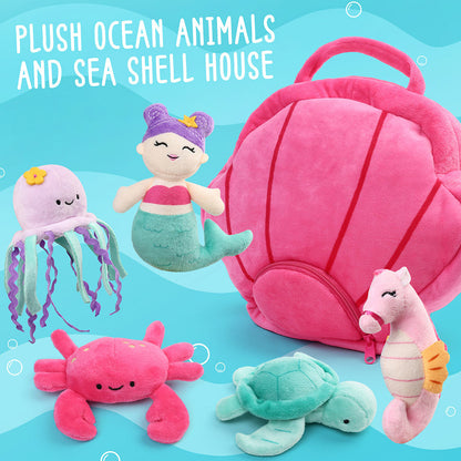 Ocean Stuffed Animals, 5 Pack Small Sea Creature Plush Toys and Shell Carrying Bag Set, Cute Plushies for Baby Kids, Sea Turtle, Octopus, Mermaid, Seahorse, Crab
