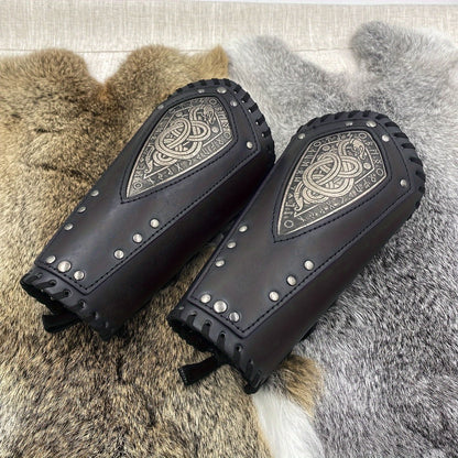 Viking Snake Wrist Guards 2-Pack Medieval Norse Leather Bracers, Nordic Retro Cosplay Props for Halloween LARP Renaissance Faire Costume Accessory, Black & Coffee