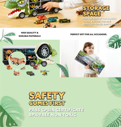 Dinosaur Truck Toy Set 13 PCS – Transport Carrier Truck with Lights & Sounds + 8 Pull-Back Cars + 3 Die-Cast Dino Vehicles + Helicopter | Friction Powered Dinosaur Toy for Boys Ages 3+ | Best Birthday Christmas Gift