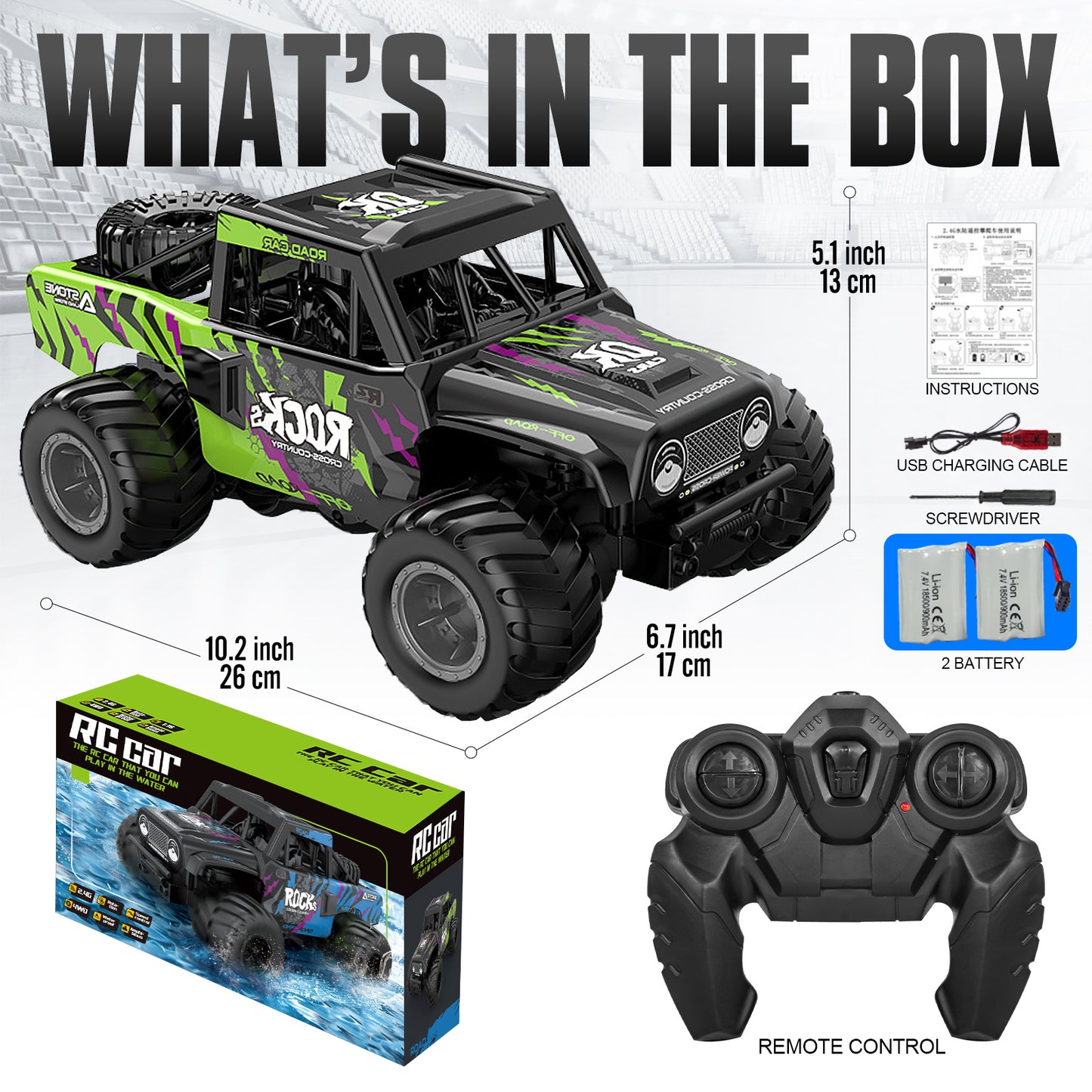 RC Trucks 4x4 Offroad Waterproof 1:16 Amphibious Remote Control Car with 2 Rechargeable Battery 4WD All Terrain Monster Truck RC Car for Boys 4-7 gift present