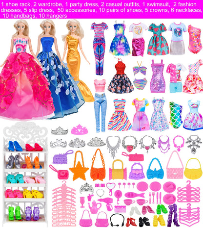 [Christmas Gift] 105pcs Doll Clothes (No Doll) And Additions Doll Closet Playset Wardrobe Toys for 11.5 Inch Girl Doll Including Wardrobe, Shoe Rack, Dress, Shoe Hangers, Christmas Gift for Kids Aged 3-12
