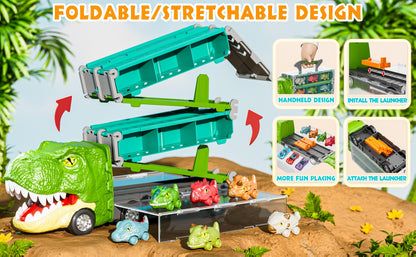 Dinosaur Truck Toys for Birthday Gift Idea, 2 Player Race Mode, Transport Carrier Kids, 63 Inch Foldable Race Track with 6 Dino Cars & 6 Die-cast Cars Durable Safety, Kids Christmas Gifts
