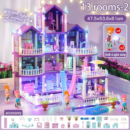 LED Dollhouse Playset for Girls – Purple Multi-Room Playhouse with Doll Figures, Puppies, Furniture & LED Lighting, 6 to 16 Room Options, Creative Imaginative Gift for Girls Ages 3-10 Birthday Christmas