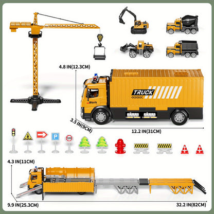 [Ideal Christmas] BABY HOME Multifunctional Construction Vehicle Container Truck Toy Set with Crane and Track Aged 3+, 4 Small Alloy Construction Truck, Foldable Double Racing Track, Realistic Sound & Flashing, Durable Construction Toy Vehicle, Ideal Chri