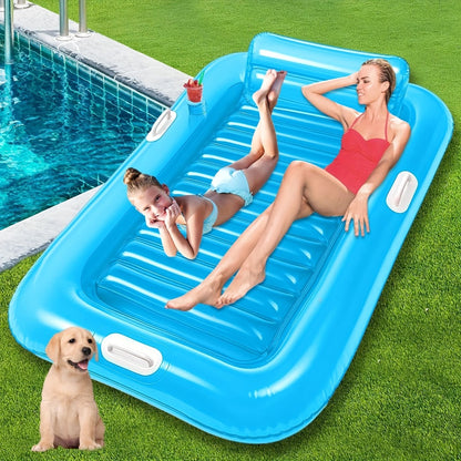 Inflatable Pool Lounger Sunbed for Adults 84"x47" – 2-in-1 Tanning Float with Cup Holders, Removable Headrest & Handles, 330lb Capacity, UV-Resistant PVC, Pool Beach Lake, Blue & Pink