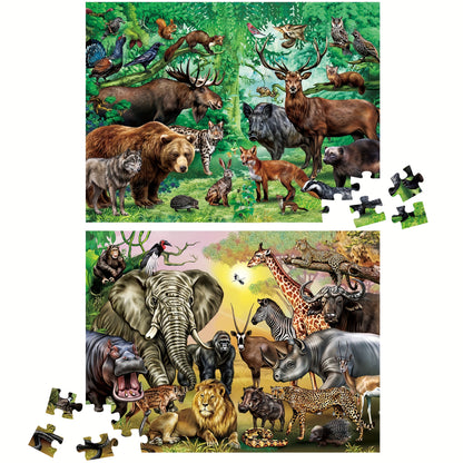 Double Sided Jigsaw Puzzles 100pcs for Kids 3-8, Jungle Animal Puzzle Toys for Boys Girls Kids Christmas Gifts Birthday Gift, Thanksgiving Day Present