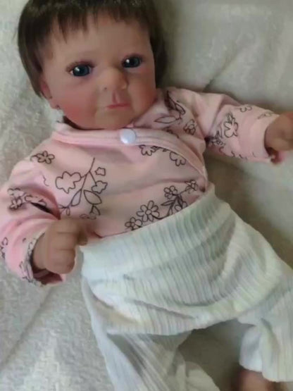 Pink Reborn Baby Doll 16 Inch Hand-Rooted Brown Hair Cloth Body Vinyl Limbs Hand-Painted Skin – Lifelike Newborn Girl Angie with Pacifier Feeding Container Birth Certificate, Gift for Kids Ages 3+