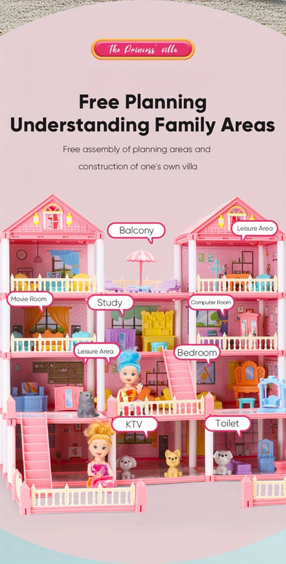 Princess Doll House Castle with Furniture & Accessories – Pink or Blue Mini Villa Playset 14 to 27 Rooms, Imaginative Play Logical Thinking Toy for Girls Ages 3+ Birthday Christmas Gift