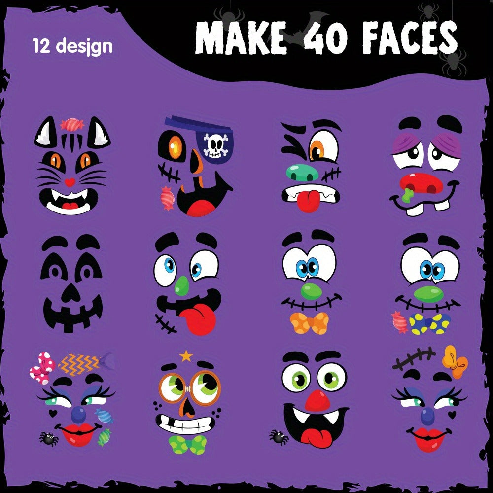 Halloween Pumpkin Decorating Stickers Kit - 40 Faces 18 Sheets 12 Designs No-Carve Pumpkin Decoration Craft for Kids - Trick or Treat Party Supplies & Favors